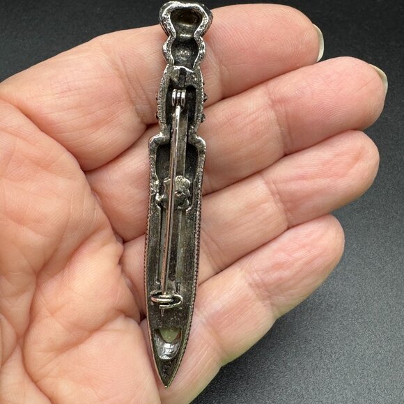 Metal Dagger Brooch Ecelctic Carvings with light green Stone - Picture 3 of 7
